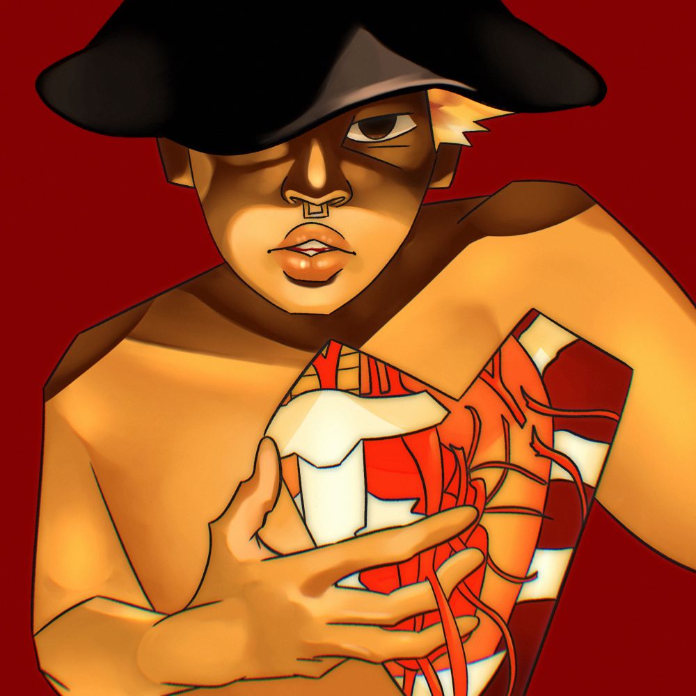 Digital portrait of a person with their chest cavity partially exposed, their hand splayed over it. They stare straight at the camera, with dark eyes and a septum ring, mouth open and lips full. Light shines on them from underneath, while a brimmed hat covers one eyes, bleach blonde hair visible from the side. The colors are highly saturated, and the lines are intentionally straight and even jagged.