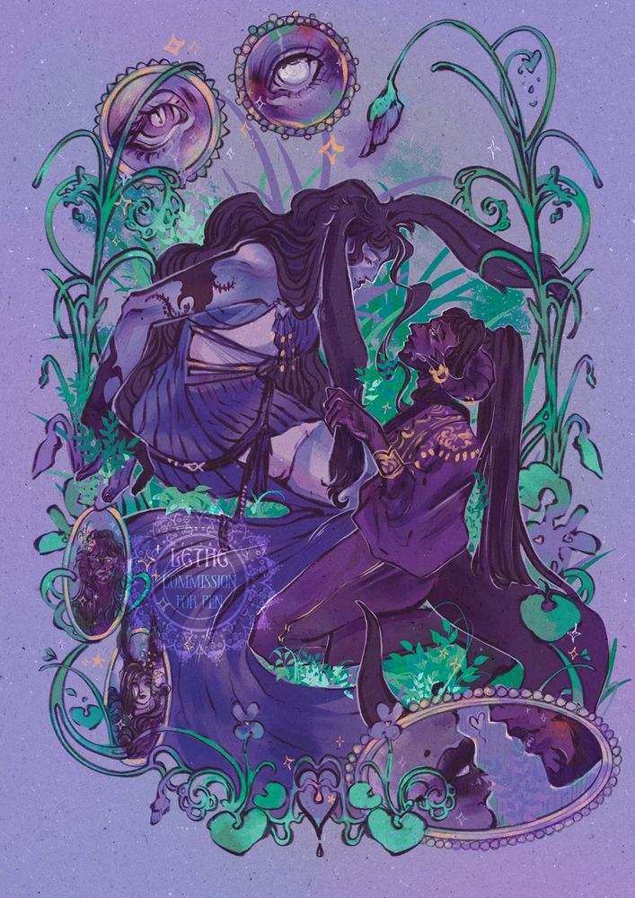 Procreate digital illustration and commission for Pen : Two FF14 wol as a sapphic couple surrounded by violettes Flowers and victorian inspired portraits of themselves. Overall Colors are purples and green.