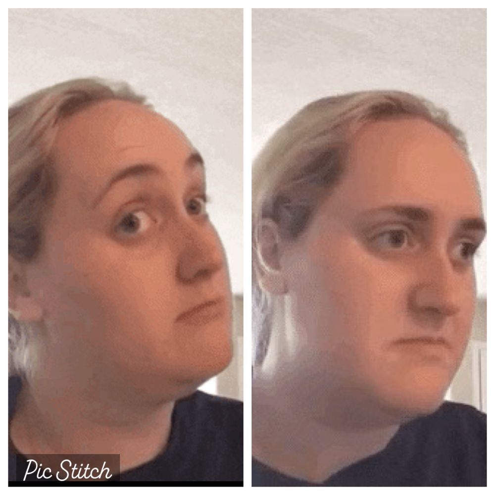 A white woman gives a hopeful look of consideration in the first frame. In the second, her reaction sours considerably. 