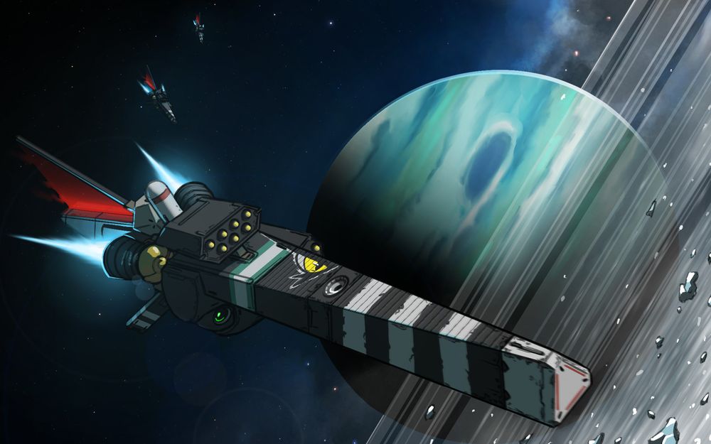 The scene is set in space, and backdropped by a green and blue ice giant.

In the foreground, a long, thin spacecraft carrying rocket pods and a laser turret dives into the giant's rings, flanked by two similar craft further into the background.

Livery is largely black, with white stripes and caps, as well as a splash of green representing the colors of Arkgneisis, although a yellow eye has been painted onto the hull close to the midships.