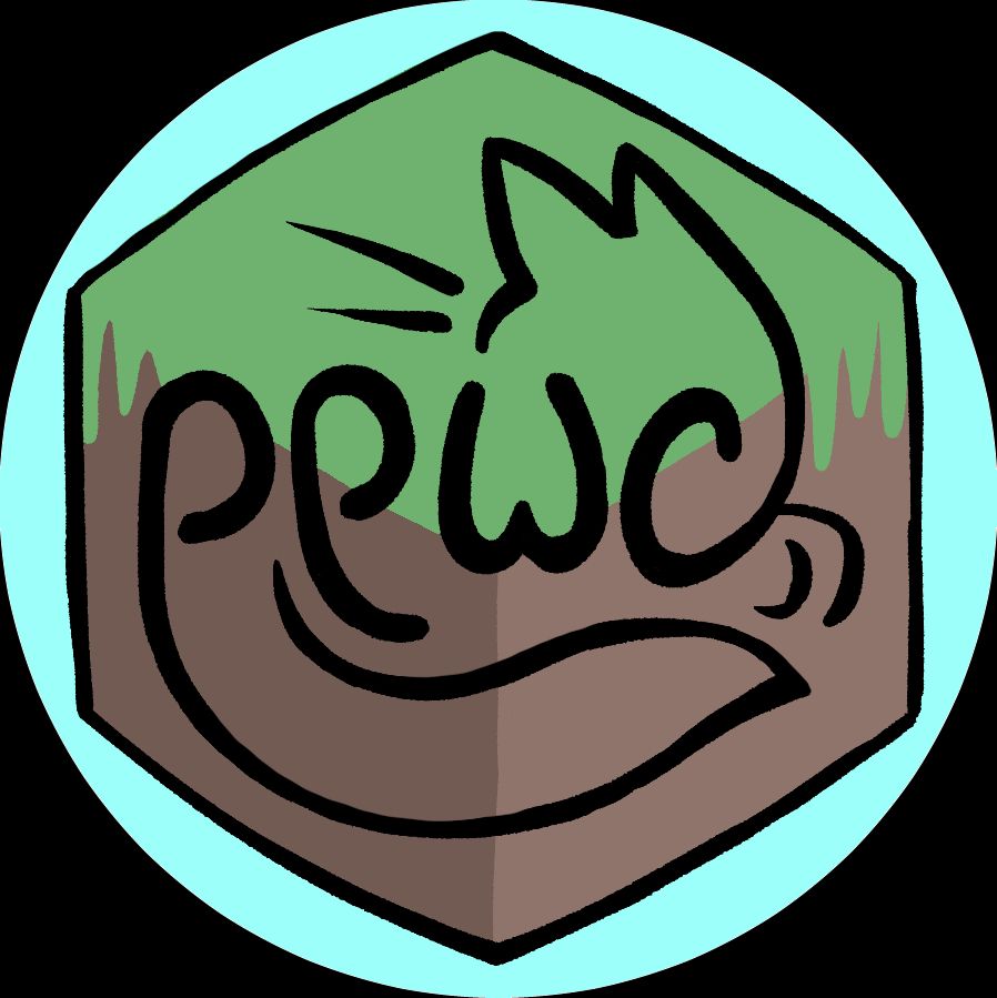 A black linework logo reading "PPWC", the text making up the body of a stylized cat, on a background of a stylized Minecraft grass block.