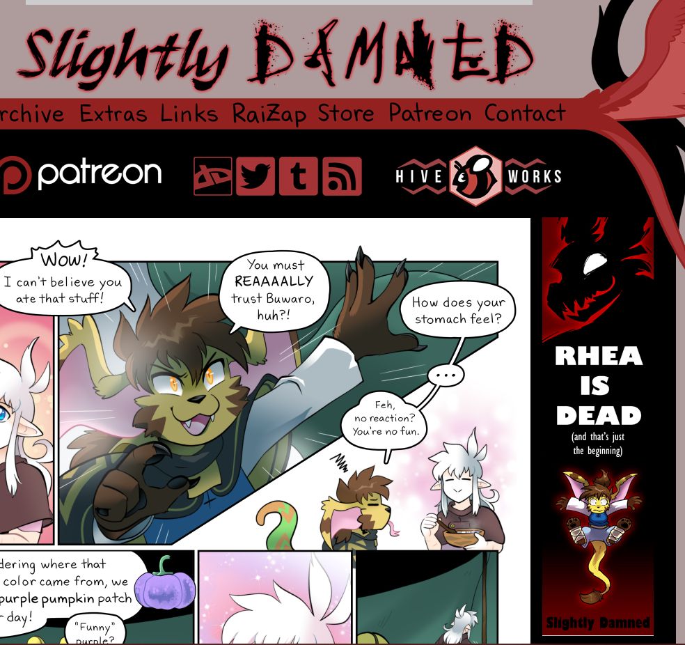A screenshot of a portion of the website for the webcomic Slightly Damned, displaying an ad for itself in the ad window