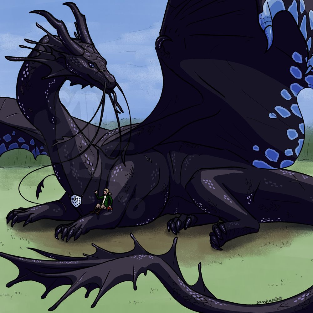 A massive dragon rests in an open field edged by trees under a blue sky with wispy clouds. He is shiny and solid black, except for blue blotches along the edges of his wings, and he has large frills around his face and at the end of his tail, and large whiskery tendrils at the end of his snout. He wears a shield-shaped silvery pendant studded with sapphires and a large pearl around his neck. In the crook of his forearm, a blonde-haired man in a bottle-green, vaguely napoleonic-era british styled coat sits, petting the dragon's neck and holding a book. The dragon looks down at him, content, and flicks his tongue.