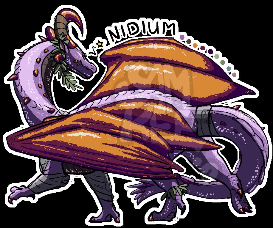 A flamboyant-looking western dragon peeks flirtily over his shoulder at the viewer. His scales are glittery and lilac-colored, and his wings and horns are a stunning iridescent purple-to-orange shift. He wears a couple strings of wooden green leaves and gauzy, transparent fabric wraps.