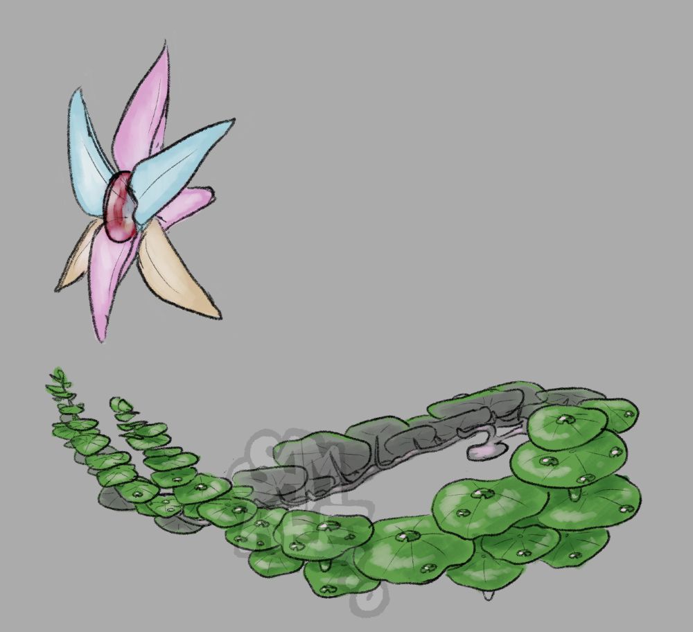 A laurel-like crown made of shiny green leaves similar in shape to the IRL plant nasturtium. The leaves are set with quartz cabochons to look like water droplets. A flower made of pink, blue, and orange glowing crystal floats above it all, a ruby set in the center of its six petals.