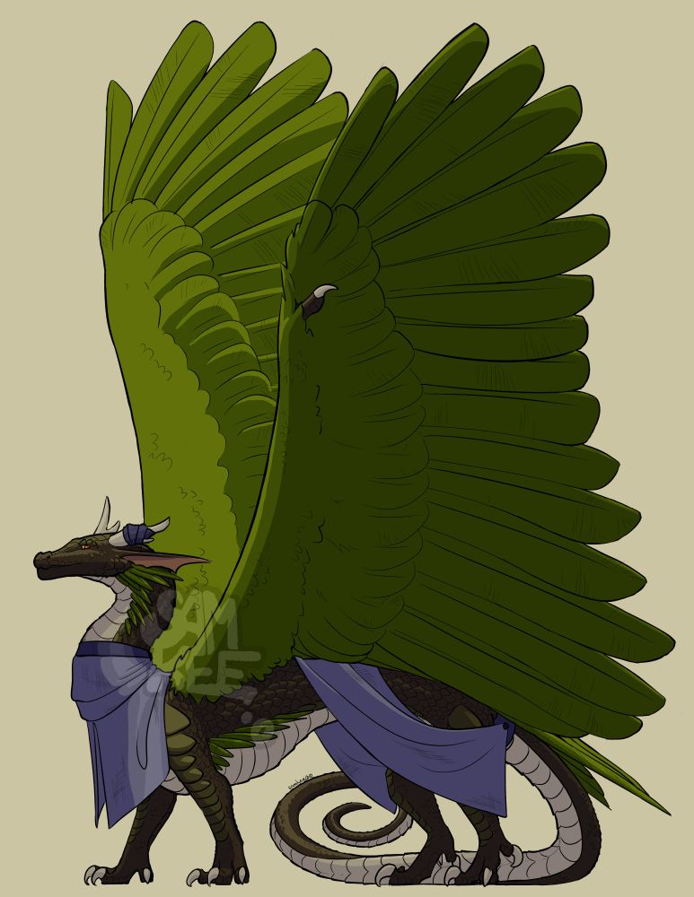 A western-style dragon with brown keeled scales, gold eyes, a white plated underside, and massive green feathered wings. Their tail is curly and prehensile. They have a pair of small white antlers, the left of which is broken and wrapped in blue cloth. They are draped in a periwinkle-colored garment reminiscent of a toga, and look rather forlorn.