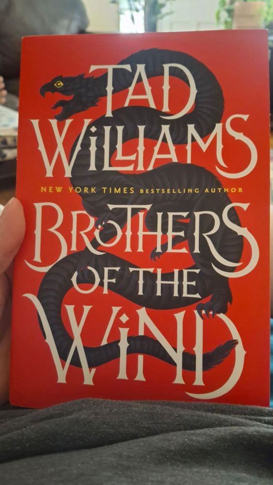 The cover of Tad Williams' Brothers of the Wind, featuring a wingless black dragon on a red background, twined around the letters of the title
