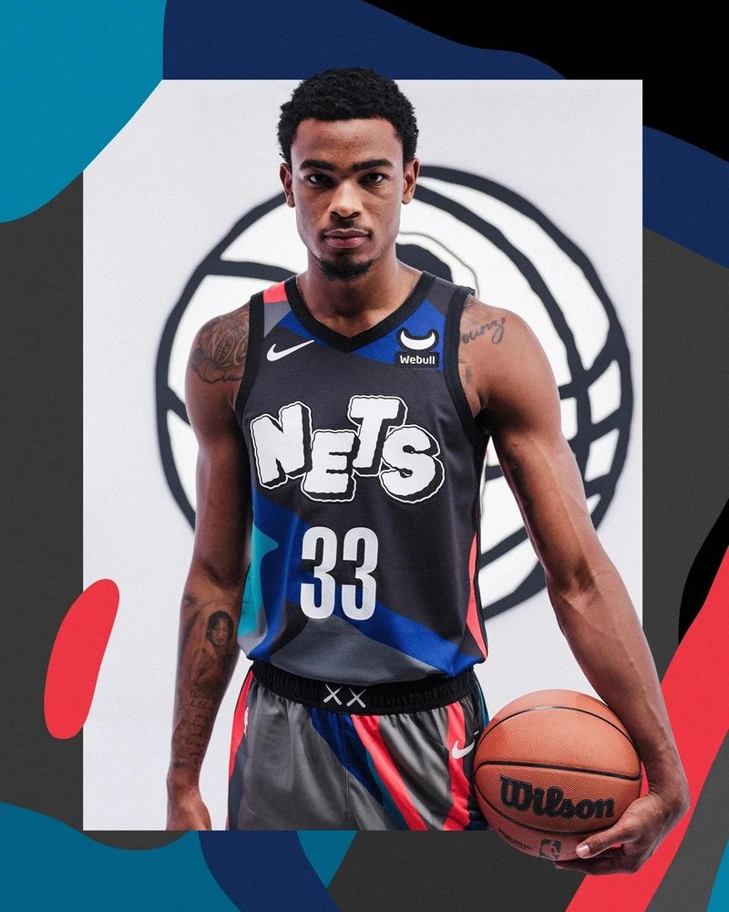 Brooklyn Nets center Nic Claxton wearing a KAWS City Edition jersey, circa 2023.