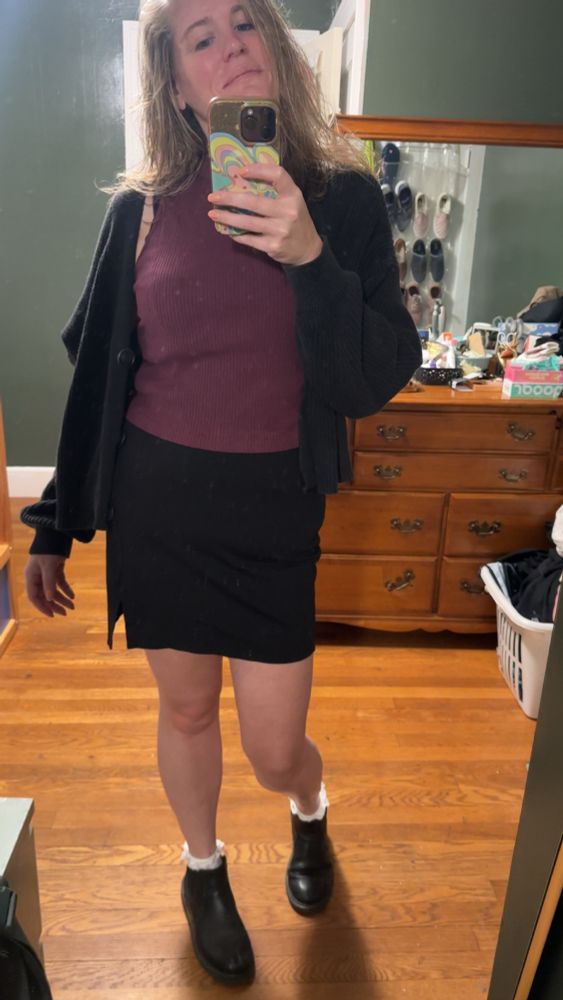 Dahlia with the summer shirt and skirt with boots and a sweater added for the fall 