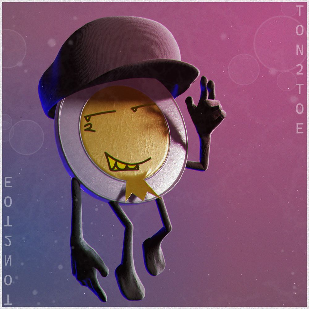 3D artwork by me, modeled and rendered in Blender, further editing done in Krita. Character in image is of my objectsona, who is based on a Canadian toonie, also wearing a black hat. character is pictured in a basic floating pose over a blue and pinkish-purple background. general tone of image is with cool colours.