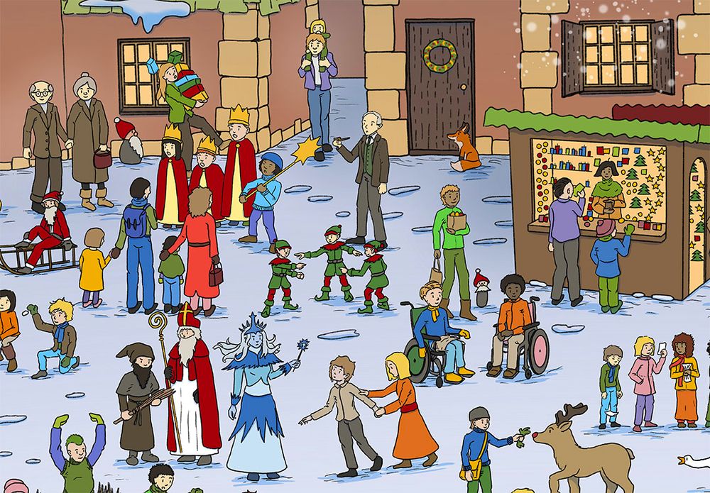 Saint Nikolaus, Knecht Ruprecht, Snowqueen, Kay and Gerda again. Also two kids in wheelchairs; a few kids in costume singing, and people listening. Three christmas elves pointing at each other, recreating the spidermen pointing meme.