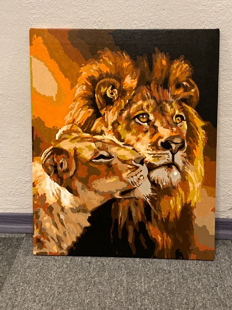 Malen nach zahlen, Motiv zwei schmusende Löwen.