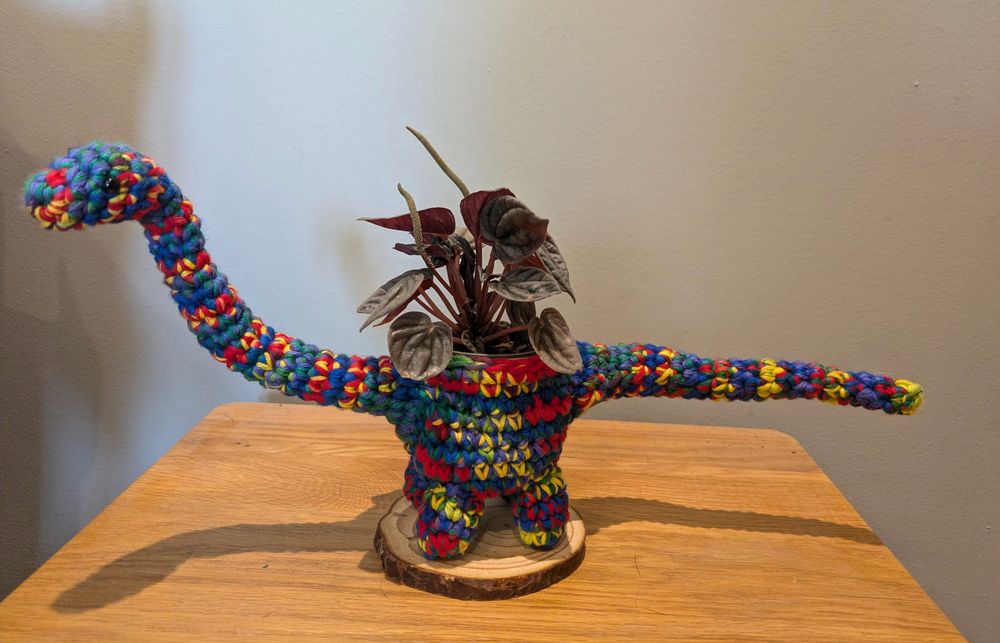 crochet planter of a multicolored thread diplodocus, with a dark leafed peperomia, sitting on a table.