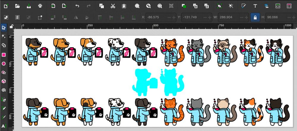 screenshot of my inkscape, of 5 dogs facing right and 5 cats facing left, top row is the front, middle is just the outline in cyan, bottom is the back. the dogs are holding a folder/tablet with a pink DNA, the cats are holding a flash with a pink liquid, they are all wearing a light blue labcoat (a containment level 2 labcoat). 

from left to right:
dobberman like black and yellow dog
yellow/gold labrador
yellow, white and black beagle
small black dots on white labrador
black dog with white snoot
orange tabby cat with stripes
grey cat
burmese cat with a cream base and light grey snoot ears and tail
orange black and white calico cat
black and white tuxedo cat