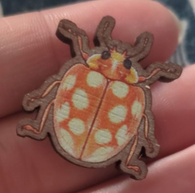 a friend shaped wooden pin of a light orange ladybug with huge black eyes and white dots over an orange carapace.