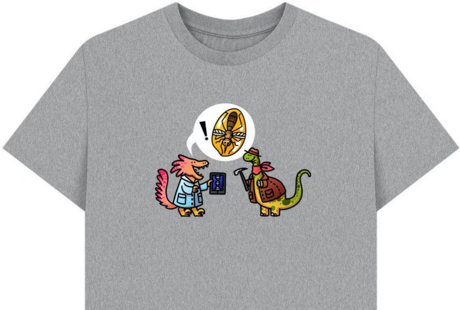 grey t-shirt with a pink feathered velociraptor in a blue labcoat holding an ipad, yelling in a big white speach bubble with the image of a mosquito in amber and an exclamation point, to the right is a diplodocus paleonthologist in a leather jacket holding a hammer.