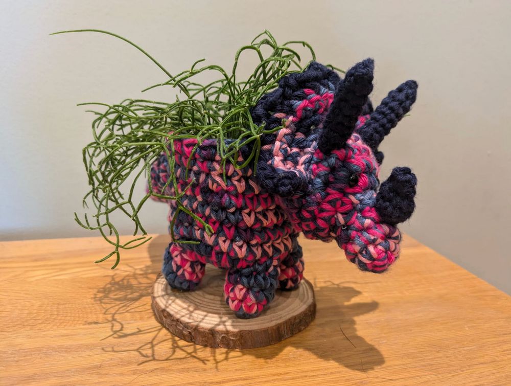 triceratops crochet planter, in dark pinks purples and navy blues, with a very thin leaf plant, on a wooden table.
