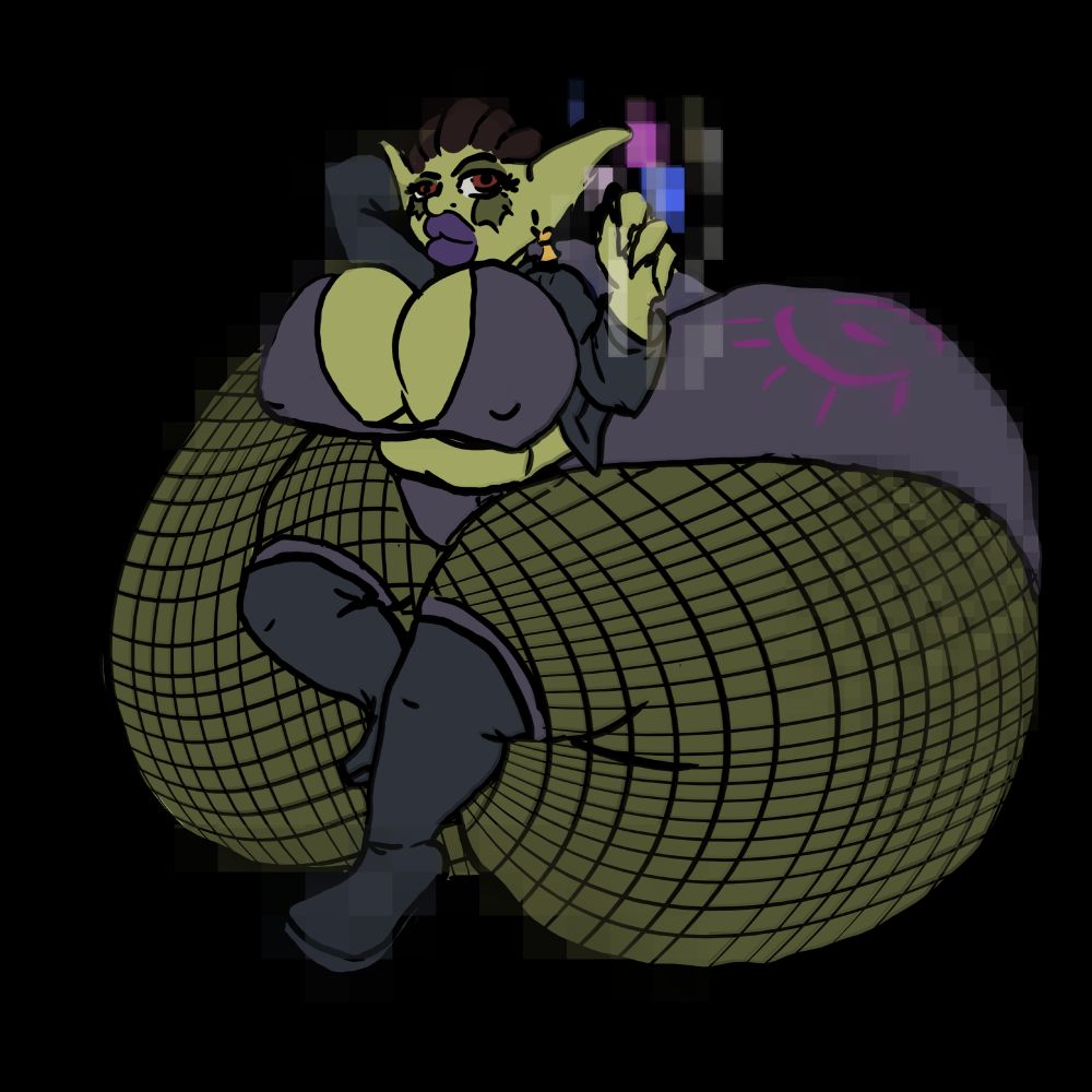a goth goblin with a truly tremendous sized ass, wielding digital psuedo-magics.