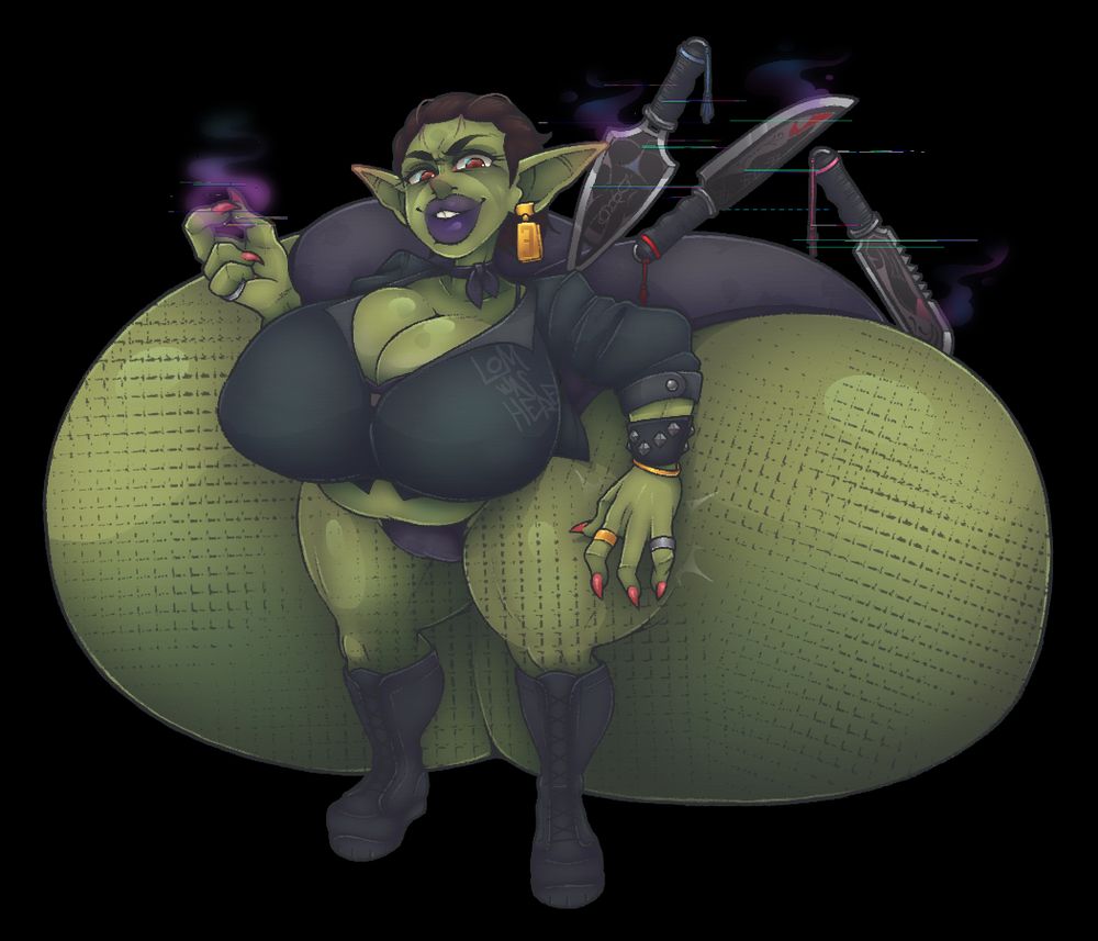 a goth goblin with a truly tremendous sized ass, wielding digital psuedo-magics.