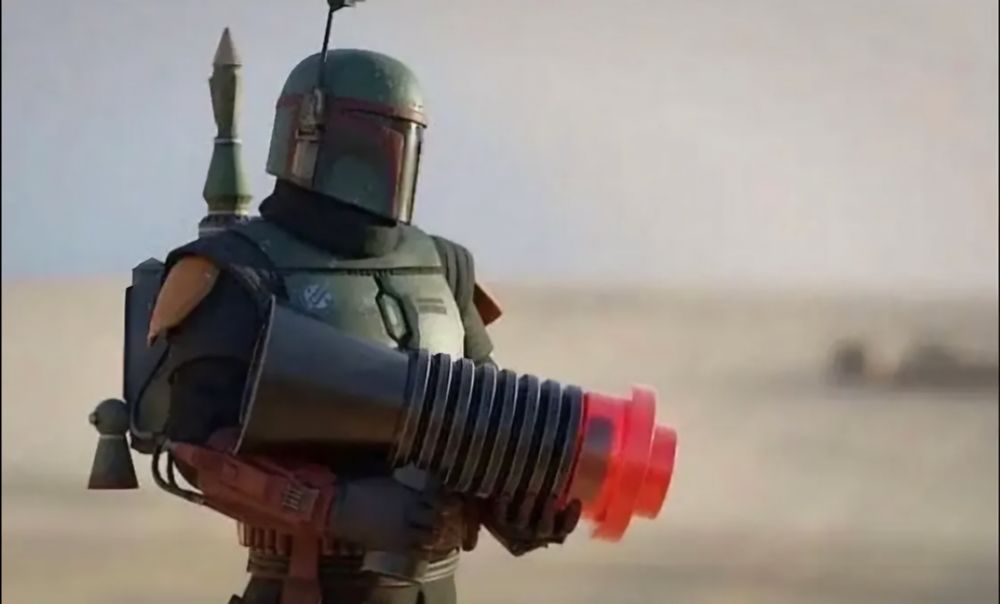 Boba Fett holding a classic Lego Star Wars blaster