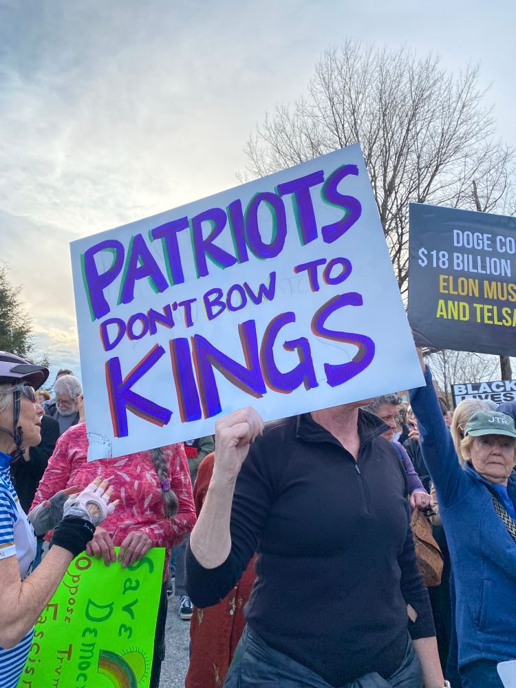 Protester in crowd holds sign reading “Patriots don’t bow to kings” in front of her face.