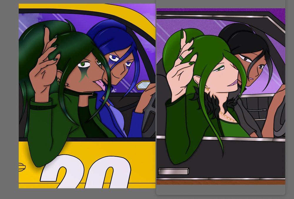 Two images are placed next to each other for comparison. The image on the left shows two men sitting in a car from the view of the passenger window. The man with green eyes, hair, and clothing, waves out passenger the window while sticking out his tongue. The man with blue eyes, hair, and clothing sits in the driver's seat with his hand on the steering wheel, looking from behind the passenger to face the camera. They are in a yellow 2013 Chevorlet Camaro with the racing numbers "29" on the side. The numbers are cut off half way through due to the framing of the image. This piece was drawn in February 2024.
The image on the right shows a similar scene, instead the character in passenger seat has light green eyes, hair, and clothing, and is not sticking his tongue out. The driver is the same character, but with black hair, eyes, and clothing. They are in a black 1986 Oldsmobile Custom Cruiser station wagon. This piece was drawn in May 2022.
