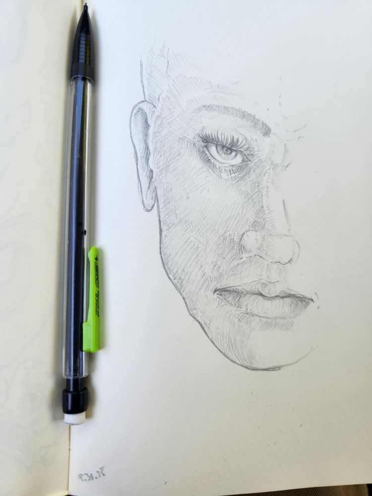 A very sketchy half-face drawing of someone who looks... nonplused? 