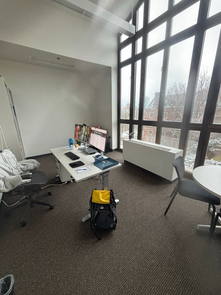 A large academic office. To the right is a table with a black chair visible and a large floor to ceiling window in front of which sits a radiator on the left is a steelcase sit to stand desk with an aeron chair, with two large monitors facing the window. Behind the desk, the side of a bookcase is visible.