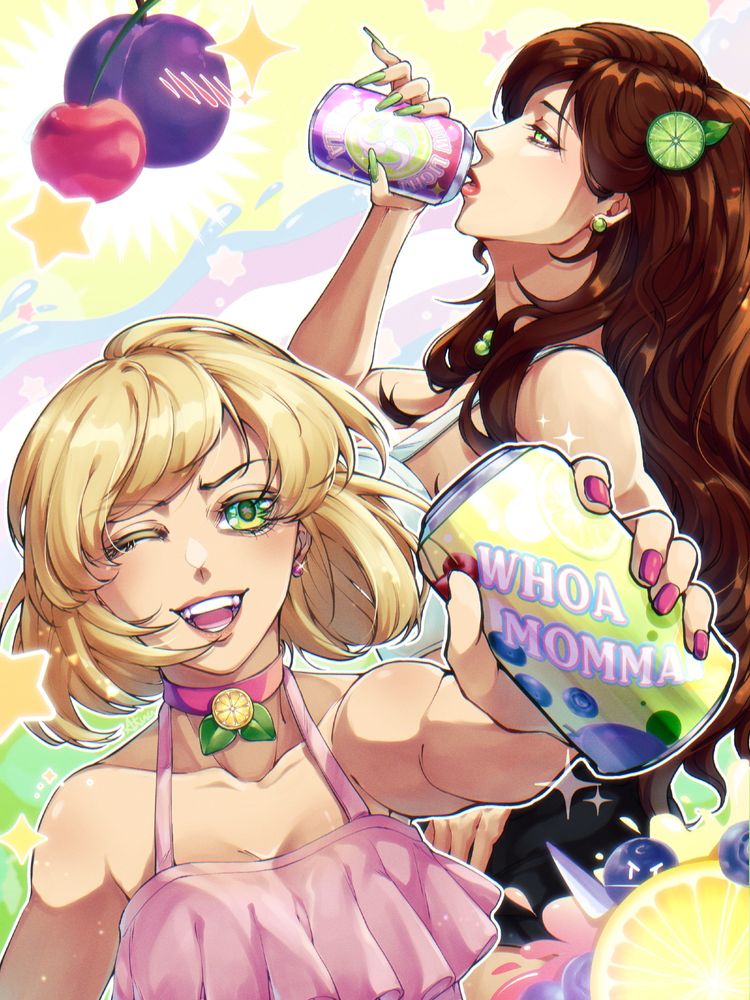 The Devtalk bot mascots Lemon and Lime posing for a parody soda commercial. A gift in support for Stella, the admin of Devtalk, a visual novel server.