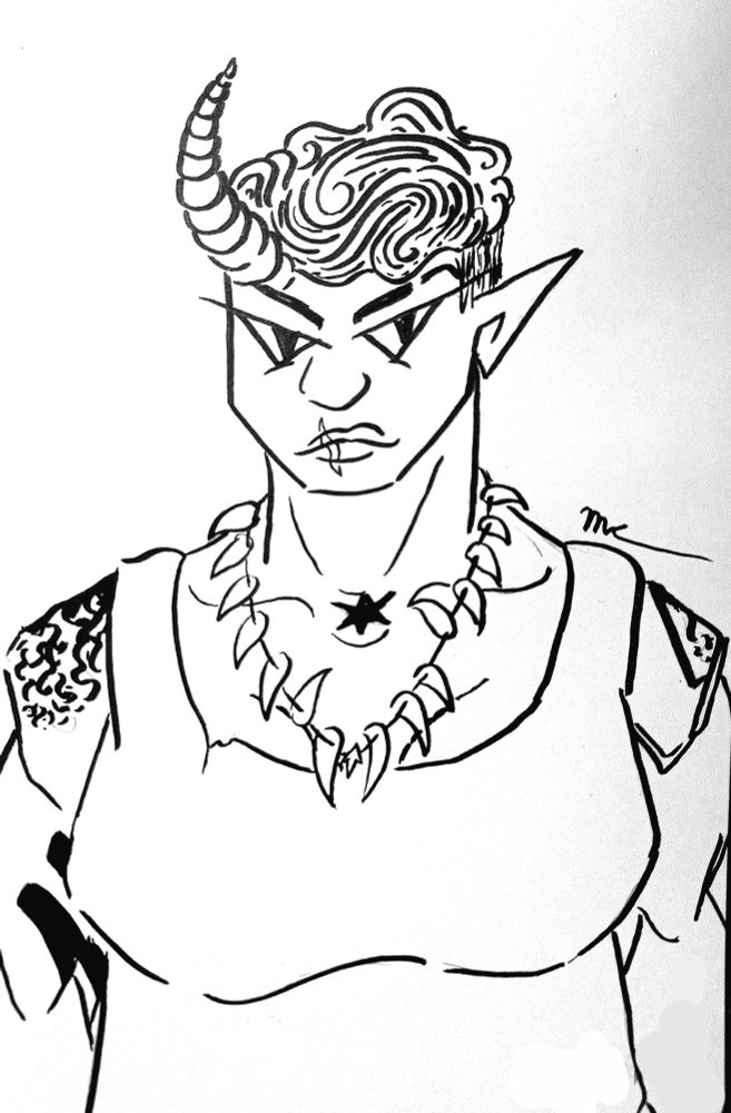This is a black and white illustration of a person with a stylized, somewhat demonic or monstrous appearance. The drawing is done in black ink on a white background, giving it a high-contrast, graphic feel.

The figure is shown from the chest up. They have a short, wavy hairstyle with one prominent, curled horn protruding from the top of their head. The horn has a spiral, ridged texture. The face is angular and expressive, with a serious or slightly menacing look. A small lip scar is visible on the bottom lip.

The figure has large, pointed ears, characteristic of an elf or demon. Around the neck, there is a necklace made of large, jagged tooth-like or claw-like shapes, with a star-shaped tatto at the center.

The figure wears a simple sleeveless top. On the left shoulder and upper arm, a distinct tattoo or pattern is visible, with swirling, ornate designs.

In the top right corner, a small signature "MCS" is visible. The drawing is centered on a white sheet of paper. The overall style is reminiscent of a character design or a detailed sketch.