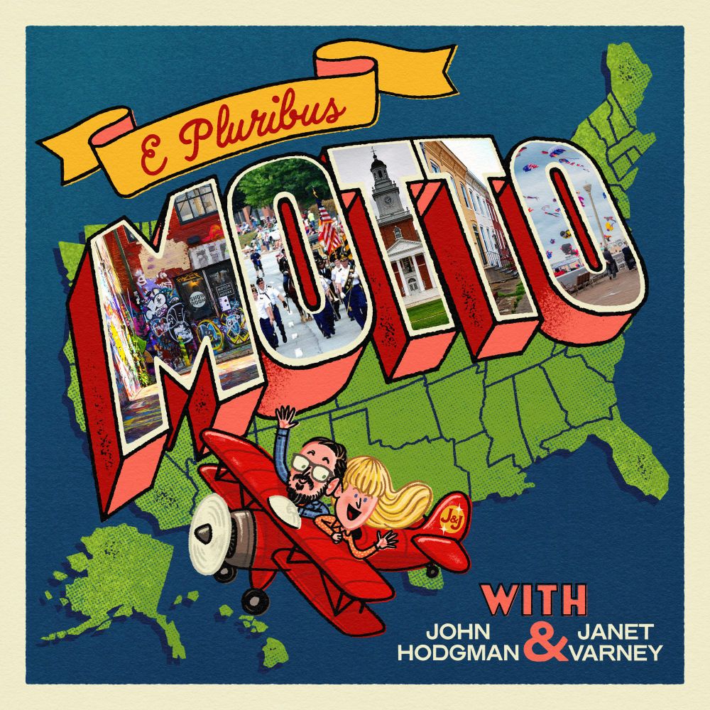 In the cover art for E Pluribus Motto with John Hodgman & Janet Varney, the two hosts are rendering in a charming cartoon style, piloting a red open-air propeller biplane over a map of the United States