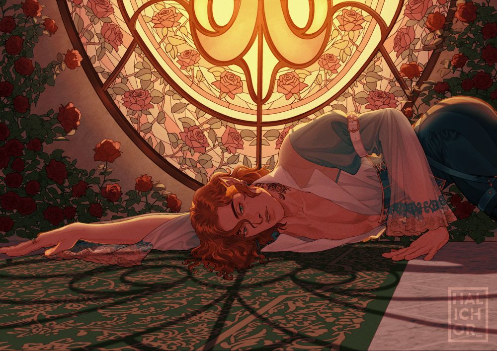 An illustration of a half-elf with wavy red hair lying on the floor in front of a large stained-glass window decorated with roses. He wears a loose shirt decorated with embroidery and fitted trousers. Red roses grow along the wall behind him, and shadows from the stained-glass window frame fall across the carpet.