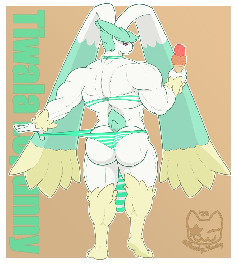 Tiwala standing, looking back, and wearing white and green striped bikinis. His left hand pulling on his bikini bottom in a teasing way, while on the other he's holding ice cream.