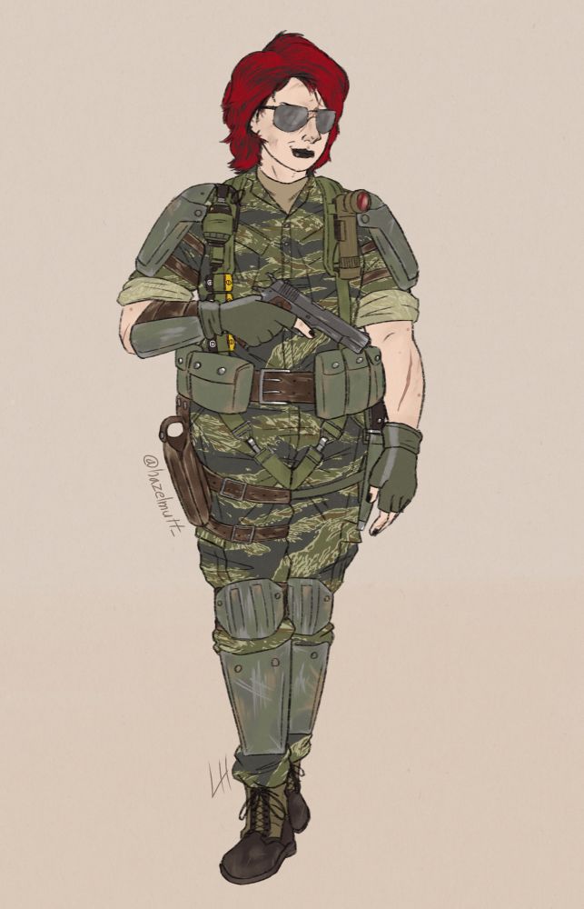 A portrait of a grizzled woman with dyed hair and sunglasses wearing mismatched military gear, holding a semi-automatic handgun