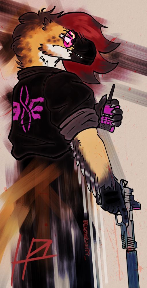 semi-abstracted anthro raptor holding a silenced handgun and two-way radio, glaring at the viewer