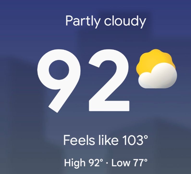Current weather is 92°F, feels like 103°F