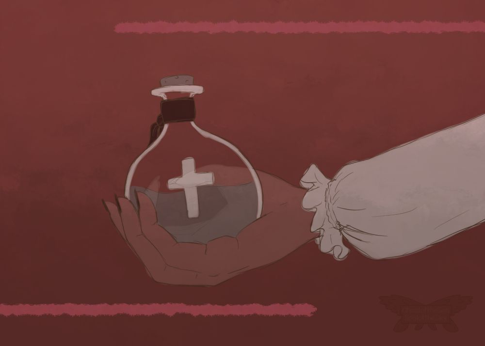 Digital illustration with a faded red undertone. A hand and forearm is holding a glass bottle with liquid in it and across on the bottle The hand has a hint of claws, and a white puffy sleeve. Pearl in the Vampires SMP finale.