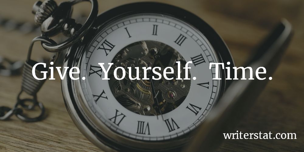 Give. Yourself. Time. - Wrtr ~ Background photo shows a closeup of a pocket watch, the inside cogs and wheels working and showing as it runs and keeps time.