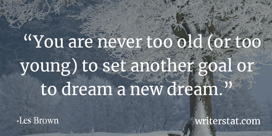 You are never too old (or too young) to set another goal or to dream a new dream. - Les Brown ~ Background photo shows a bench under a tree during winter time, bothe the bench and the tree are painted in gleaming ice crystals as the sun shines through.