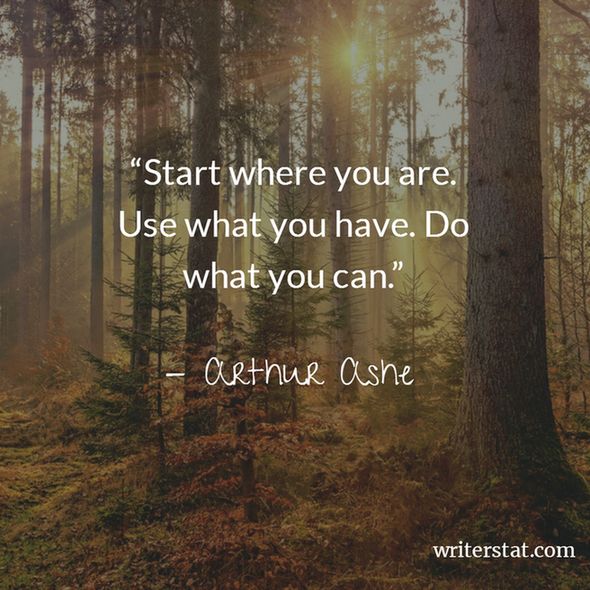 Start where you are. Use what you have. Do what you can. - Arthur Ashe ~ Background photo shows a fall day in a forest with the sun shining through the trees.