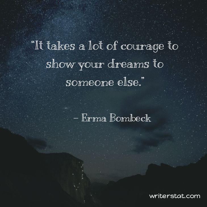 It takes a lot of courage to show your dreams to someone else. - Erma Bombeck ~ Background photo shows the night sky over the mountains with the stars and clouds showing in a indigo blue skyline.