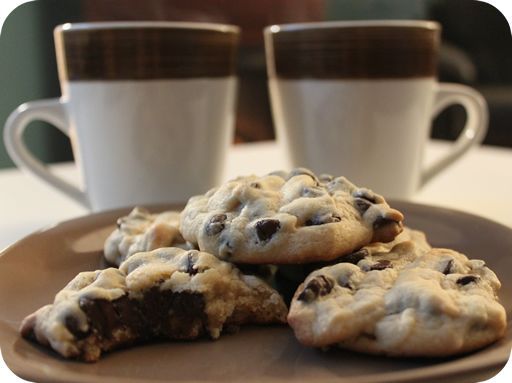 Background shows writing treats! Home made chocolate chip cookies (plenty of chips) and two mugs of hot chocolate. As a post writing treat. (Eaten before I finished writing. =))