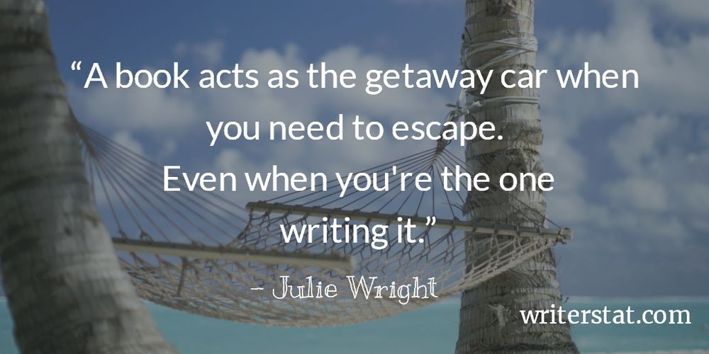 A book acts as the getaway car when you need to escape. Even when you're the one writing it. -Julie Wright - Keep Writing. - Background shows a relaxing rope hammock between two trees under a true blue sky with cotton-like clouds in it and warm breezes just waiting for you to rest in it.