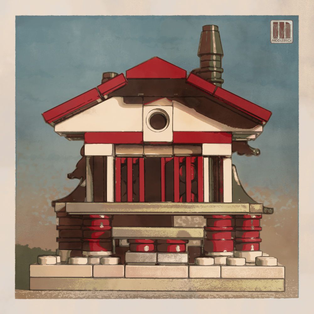An artistic woodblock print-style illustration of a miniature building resembling a traditional Japanese shrine, constructed with LEGO bricks. The structure features a red and white color palette, with red columns and roof accents. A small circular window is centered in the facade, and the background showcases a muted blue sky with subtle textured patterns