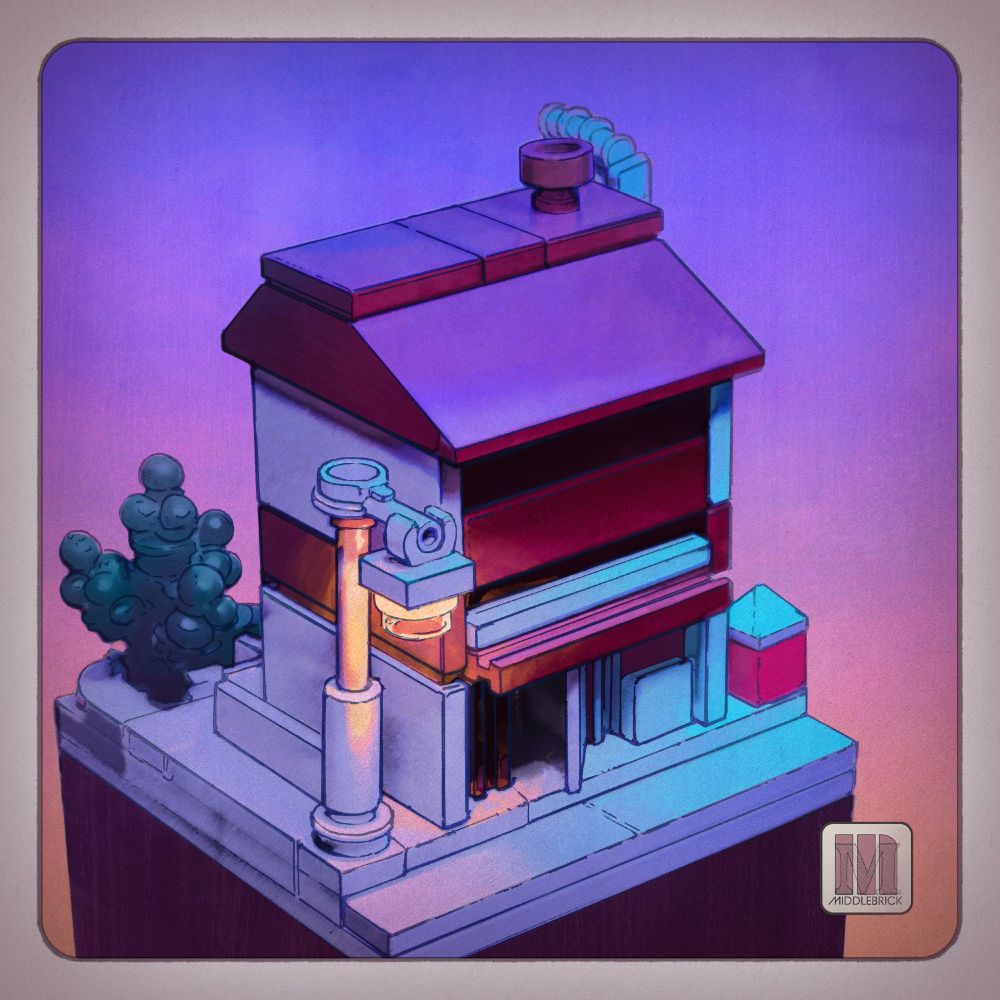 A stylized woodcut-style illustration of a small, two-story building with a steeply pitched roof, set against a twilight gradient sky. The structure features deep red and cool blue tones, with a warmly lit streetlamp attached to its side. The building appears slightly surreal, as if suspended on a platform with a minimal surrounding environment—just a bushy tree on the left and a raised sidewalk. The details suggest a mysterious, atmospheric setting, evoking a sense of quiet isolation and untold stories.