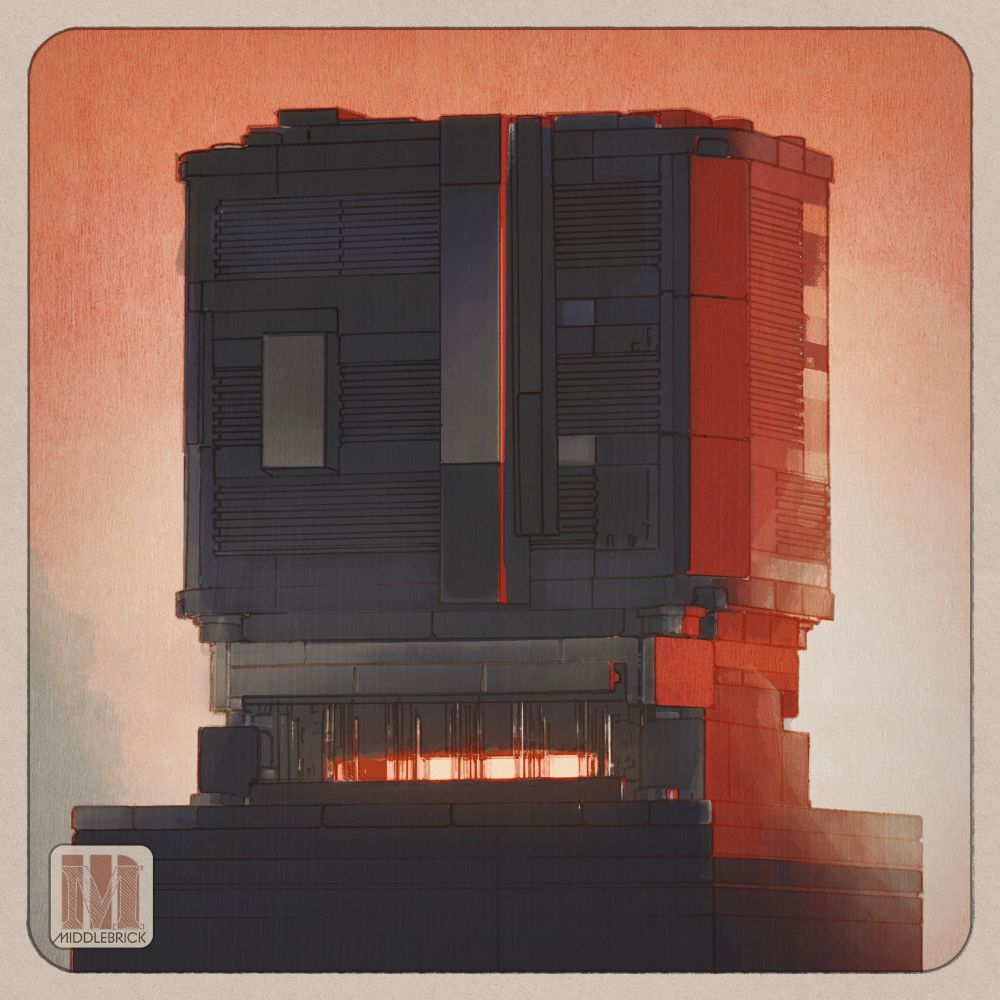 A towering, brutalist-inspired architectural structure, built from interlocking geometric forms, stands against a red-hued sky. A glowing band of light emerges from its lower levels, casting an eerie warmth onto its dark metallic surfaces. The scene evokes a sense of isolation, mystery, and latent energy.