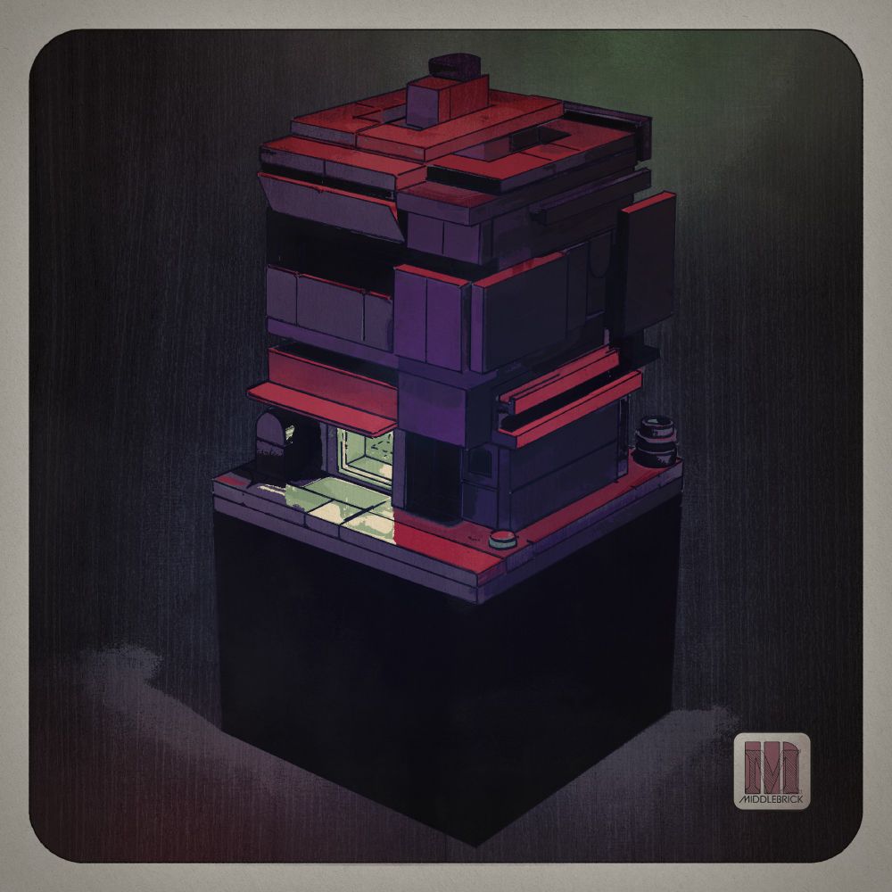 A stylized digital illustration of a compact, multi-story building with a blocky, geometric design. The building features dark red, purple, and black hues, illuminated by a soft green glow from a lit window on the ground floor. The structure has a minimalistic, futuristic aesthetic, with sharp edges and layered sections. The background is dark, giving the building a dramatic and isolated appearance, with a subtle gradient from black to green. A small logo in the bottom right corner reads 'Middlebrick.'