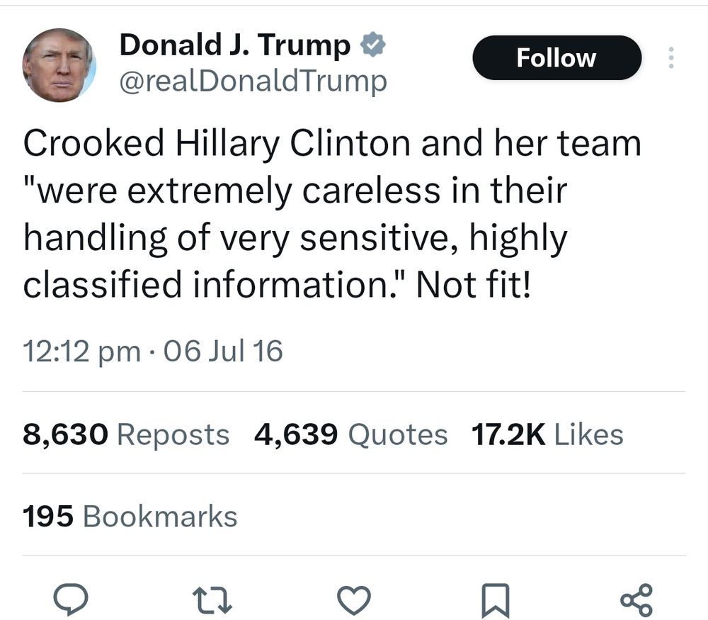 Crooked Hillary Clinton and her team "were extremely careless in their handling of very sensitive, highly classified information." Not fit!