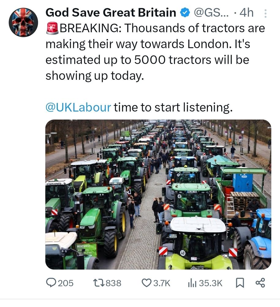 Tweet showing German tractors in 2023 and telling Labour to listen