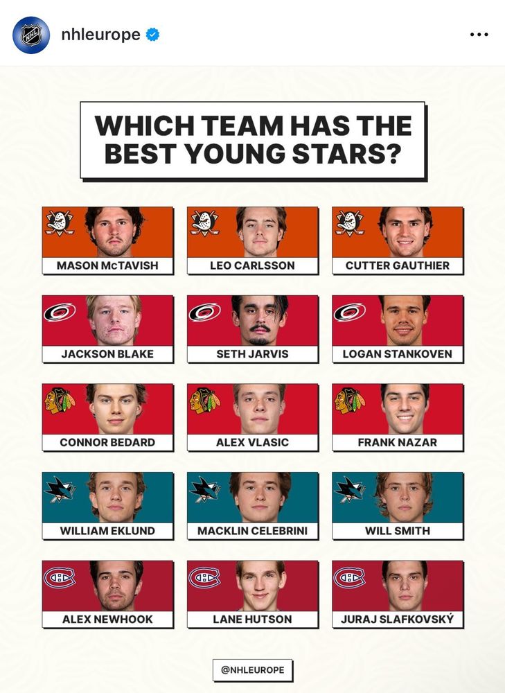 Screenshot of an Instagram post showing the Top 3 Young Stars on the Ducks, Canes, Blackhawks, Sharks, and Habs. It asks “What team has the best young stars?”